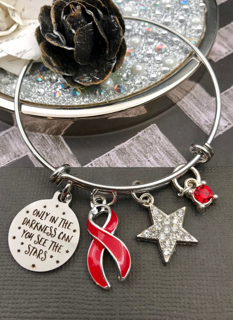 Red Ribbon Charm Bracelet - Only in Darkness Can We See The Stars - Rock Your Cause Jewelry