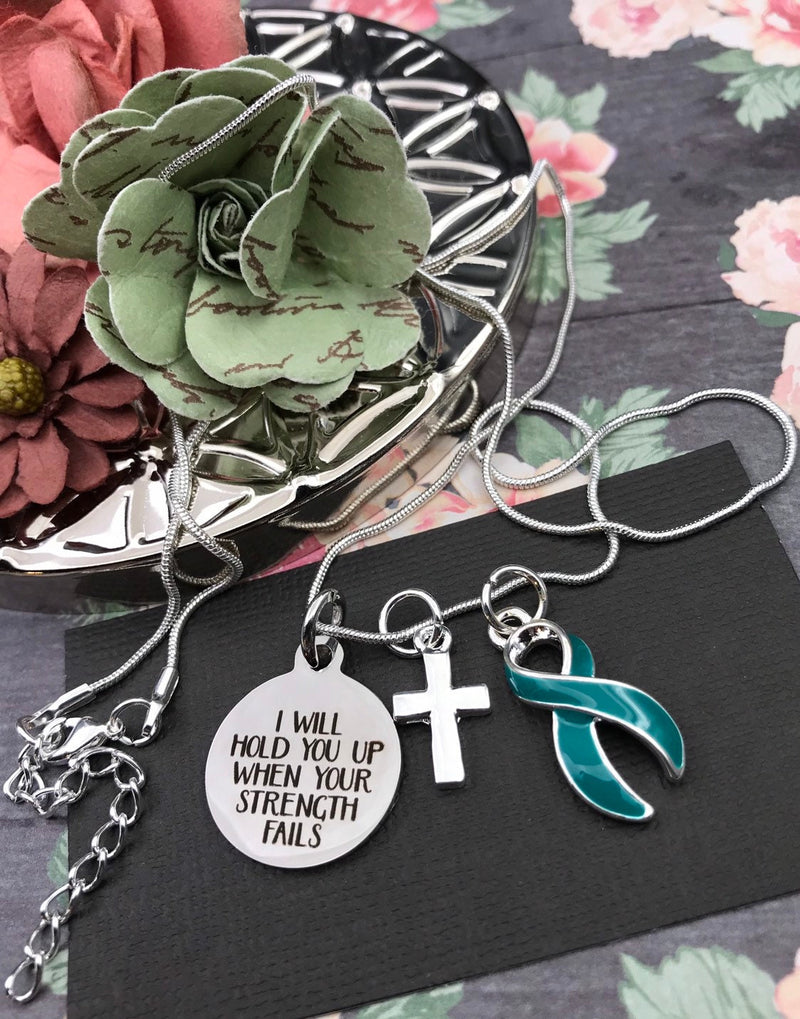 Teal Ribbon Necklace - I Will Hold You Up When Your Strength Fails - Rock Your Cause Jewelry