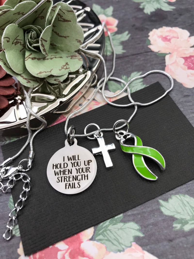 Lime Green Ribbon Necklace - I Will Hold You Up When Your Strength Fails - Rock Your Cause Jewelry