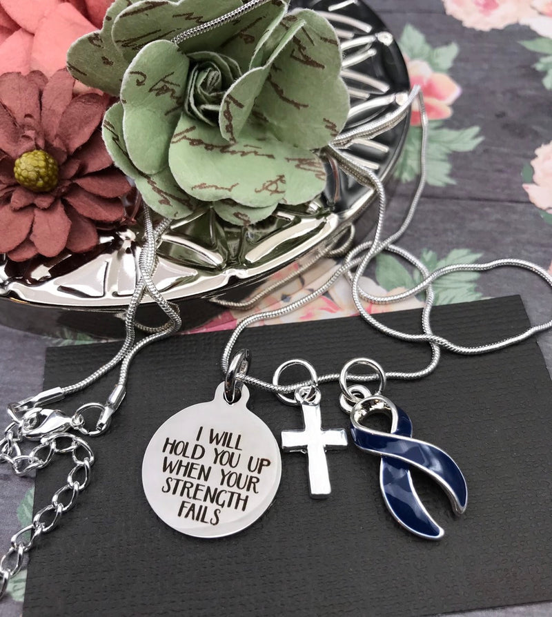 Dark Navy Blue Ribbon Necklace - I Will Hold You Up When Your Strength Fails - Rock Your Cause Jewelry