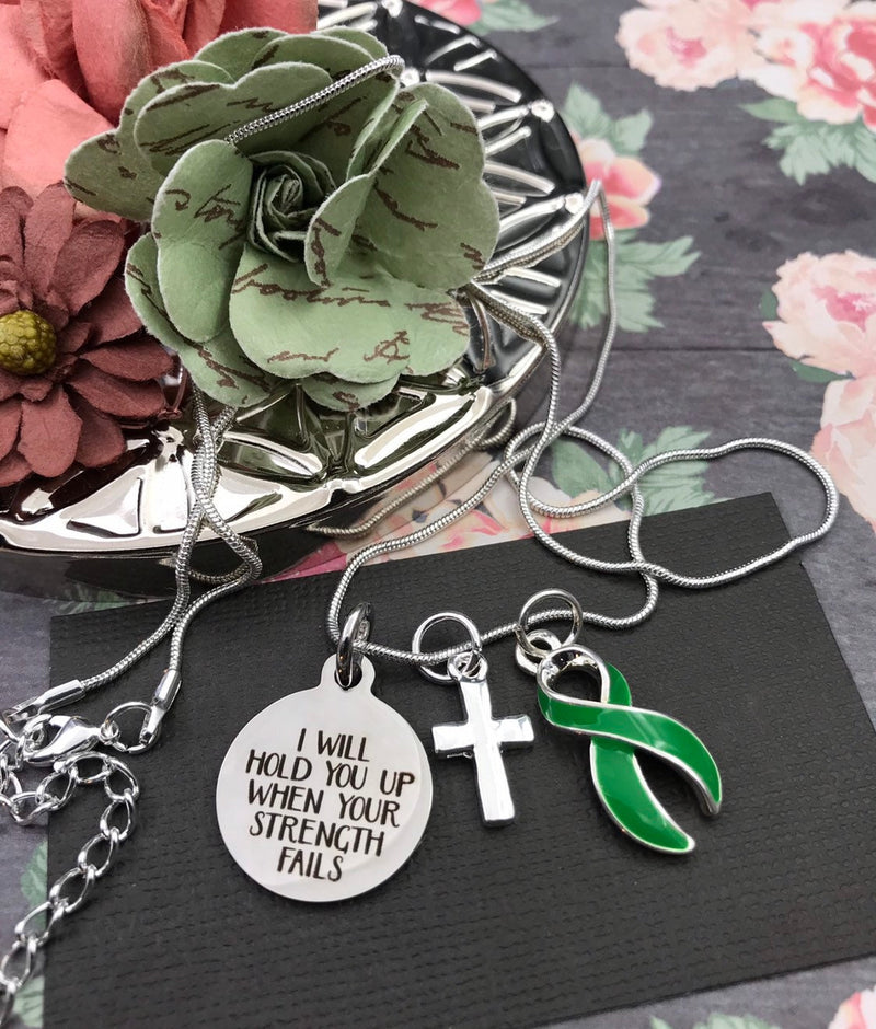 Green Ribbon Necklace - I Will Hold You Up When Your Strength Fails - Rock Your Cause Jewelry