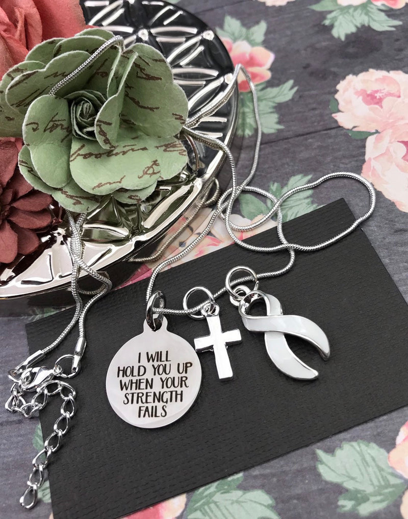 White Ribbon Necklace - I Will Hold You Up When Your Strength Fails - Rock Your Cause Jewelry
