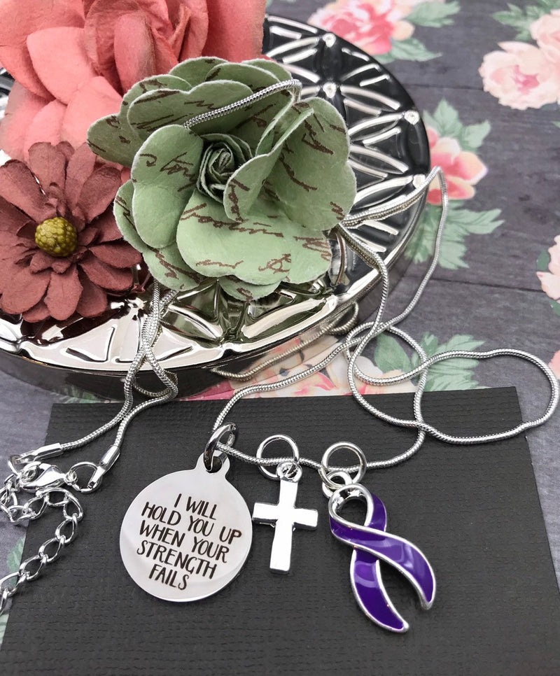 Purple Ribbon Necklace  - I Will Hold You Up When Your Strength Fails - Rock Your Cause Jewelry