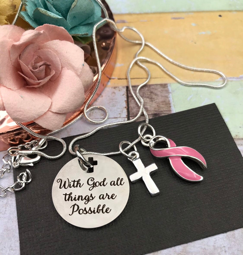 Pink Ribbon Necklace - With God All Things Are Possible / Encouragement Gift - Rock Your Cause Jewelry