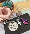 Pink Purple Teal (Thyroid) Cancer Ribbon Necklace - With God all Things are Possible - Rock Your Cause Jewelry