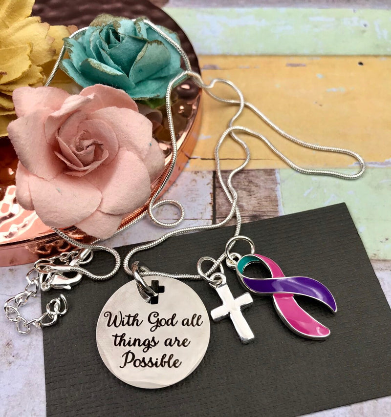 Pink Purple Teal (Thyroid) Cancer Ribbon Necklace - With God all Things are Possible - Rock Your Cause Jewelry