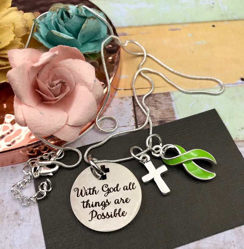 Lime Green Ribbon Necklace - With God All Things are Possible - Rock Your Cause Jewelry