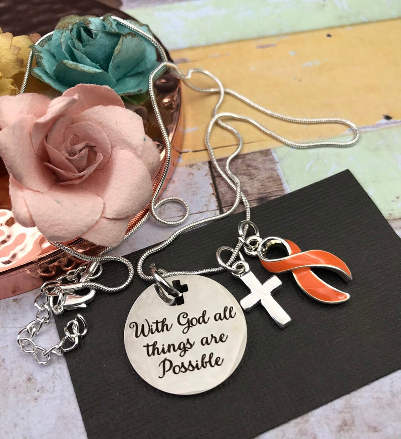 Orange Ribbon Necklace - With God All Things are Possible - Rock Your Cause Jewelry