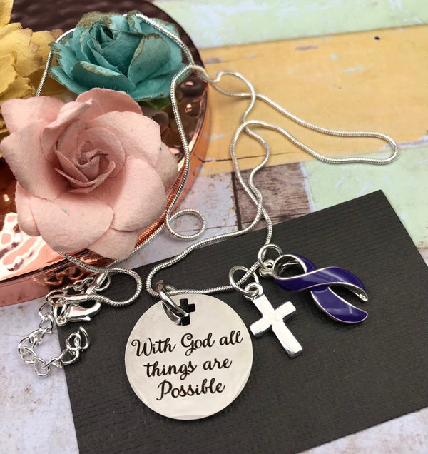 Violet Dark Purple Ribbon Necklace - With God All Things Possible - Rock Your Cause Jewelry