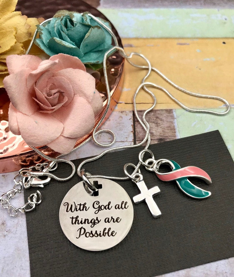 Pink & Teal (Previvor) Ribbon Necklace - With God All Things Are Possible - Rock Your Cause Jewelry