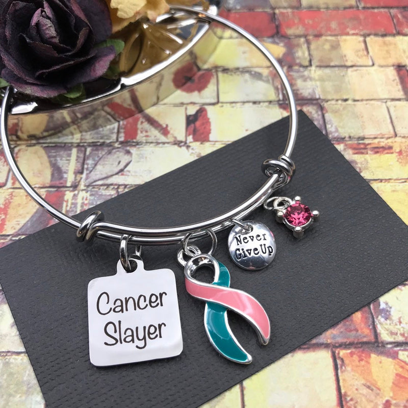Pink & Teal (Previvor) Ribbon Cancer Slayer Charm Bracelet - Rock Your Cause Jewelry