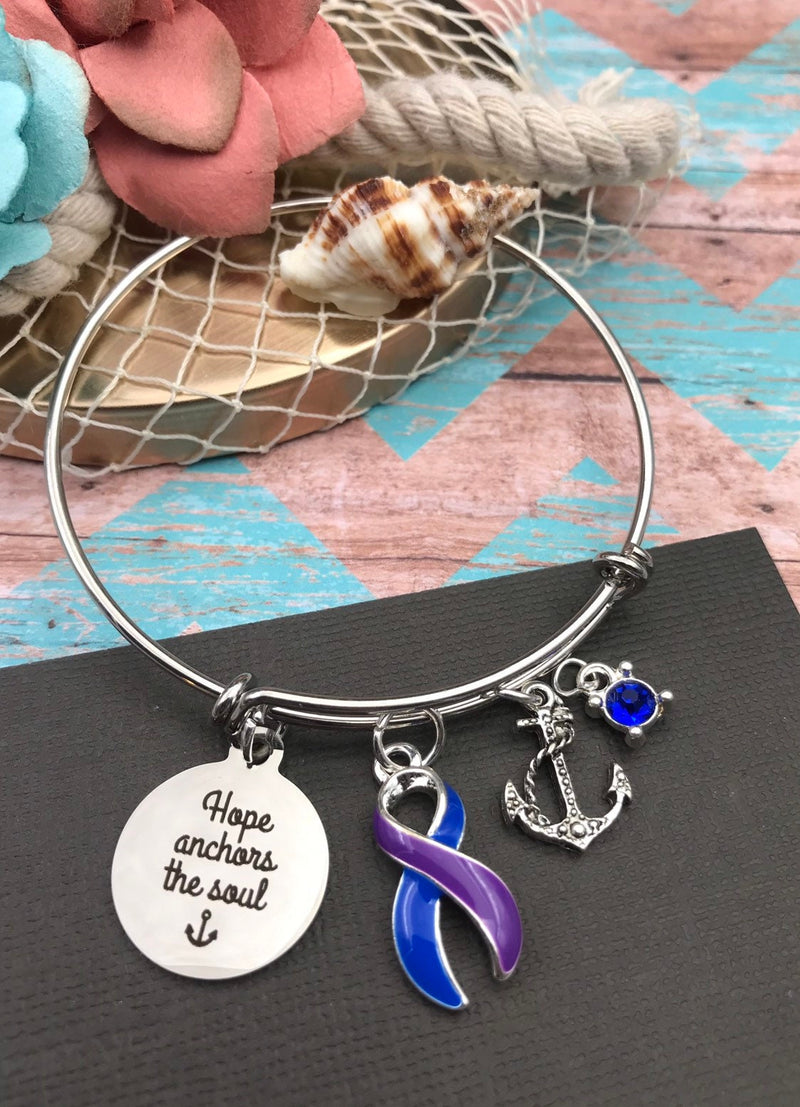Blue & Purple Ribbon - Hope Anchors the Soul / Anchor Charm Bracelet - Rock Your Cause Jewelry