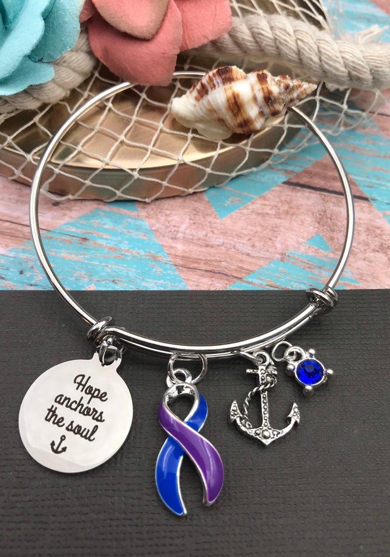 Blue & Purple Ribbon - Hope Anchors the Soul / Anchor Charm Bracelet - Rock Your Cause Jewelry