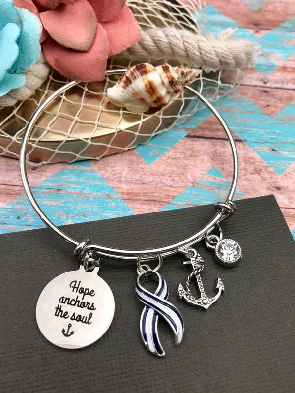 ALS / Blue & White Striped Ribbon Charm Bracelet - Hope Anchors the Soul - Rock Your Cause Jewelry