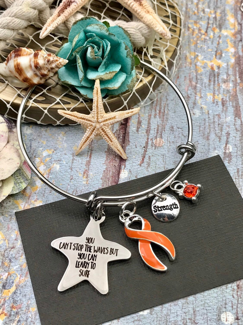 Orange Ribbon Bracelet - You Can't Stop the Waves, But You Can Learn Surf - Rock Your Cause Jewelry