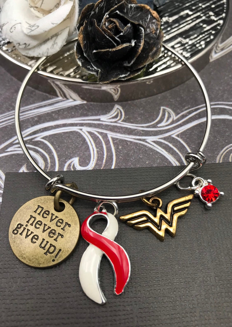 Red & White Ribbon Hero Charm Bracelet - Never Never Give Up - Rock Your Cause Jewelry