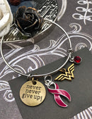 Burgundy Ribbon Hero Charm Bracelet - Never Never Give Up - Rock Your Cause Jewelry