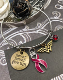 Burgundy Ribbon Hero Charm Bracelet - Never Never Give Up - Rock Your Cause Jewelry