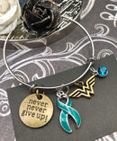 Teal Ribbon Hero Charm Bracelet / Never Never Give Up - Rock Your Cause Jewelry