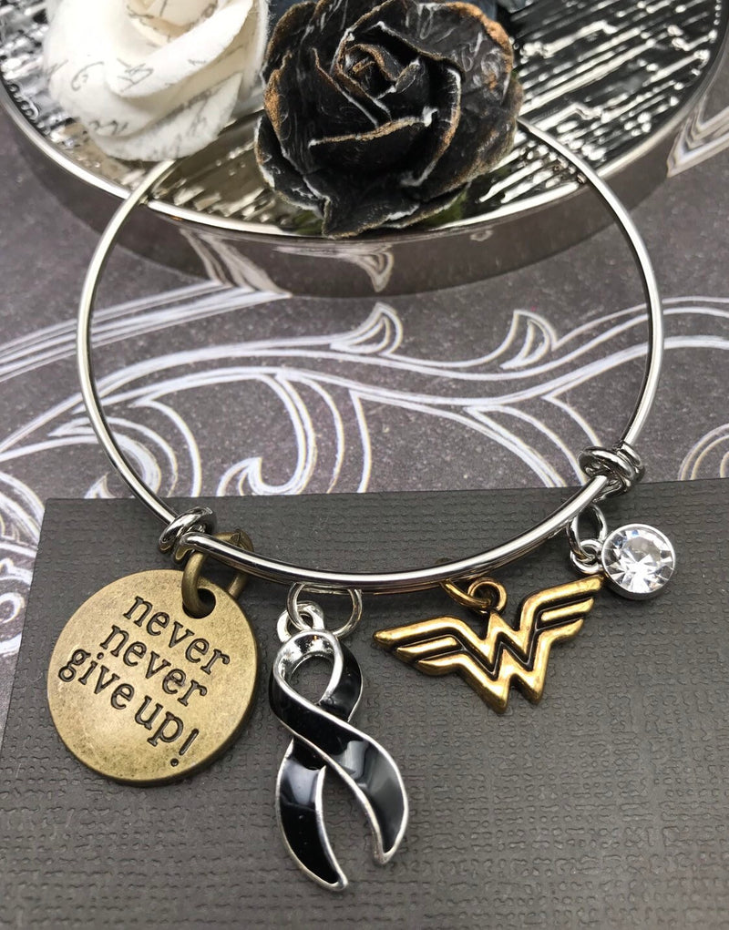 Black Ribbon Hero Charm Bracelet - Never Never Give Up - Rock Your Cause Jewelry