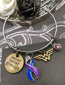 Blue & Purple Ribbon Hero Charm Bracelet - Never Never Give Up - Rock Your Cause Jewelry