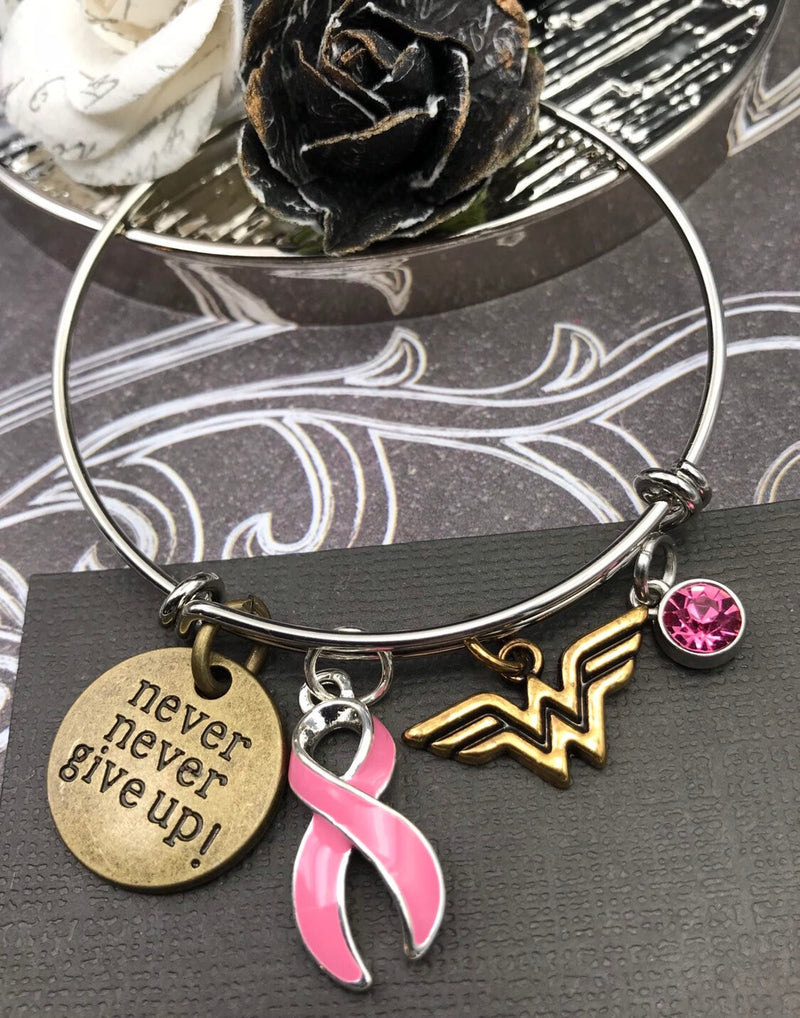 Pink Ribbon Charm Bracelet - Never Never Give Up / Hero / Breast Cancer Survivor - Rock Your Cause Jewelry