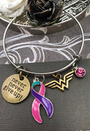 Pink Purple Teal (Thyroid Cancer) Ribbon - Never Never Give Up / Hero Charm Bracelet - Rock Your Cause Jewelry