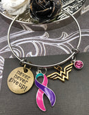 Pink Purple Teal (Thyroid Cancer) Ribbon - Never Never Give Up / Hero Charm Bracelet - Rock Your Cause Jewelry