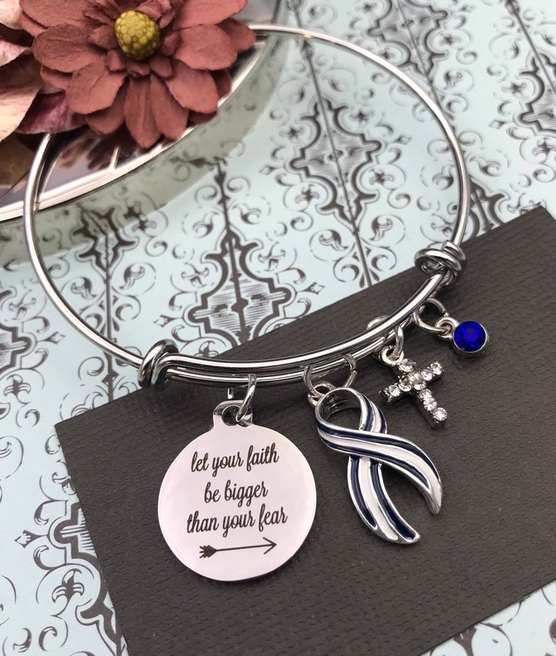 ALS / Blue & White Striped Ribbon Bracelet - Let Your Faith Be Bigger Than Your Fear - Rock Your Cause Jewelry