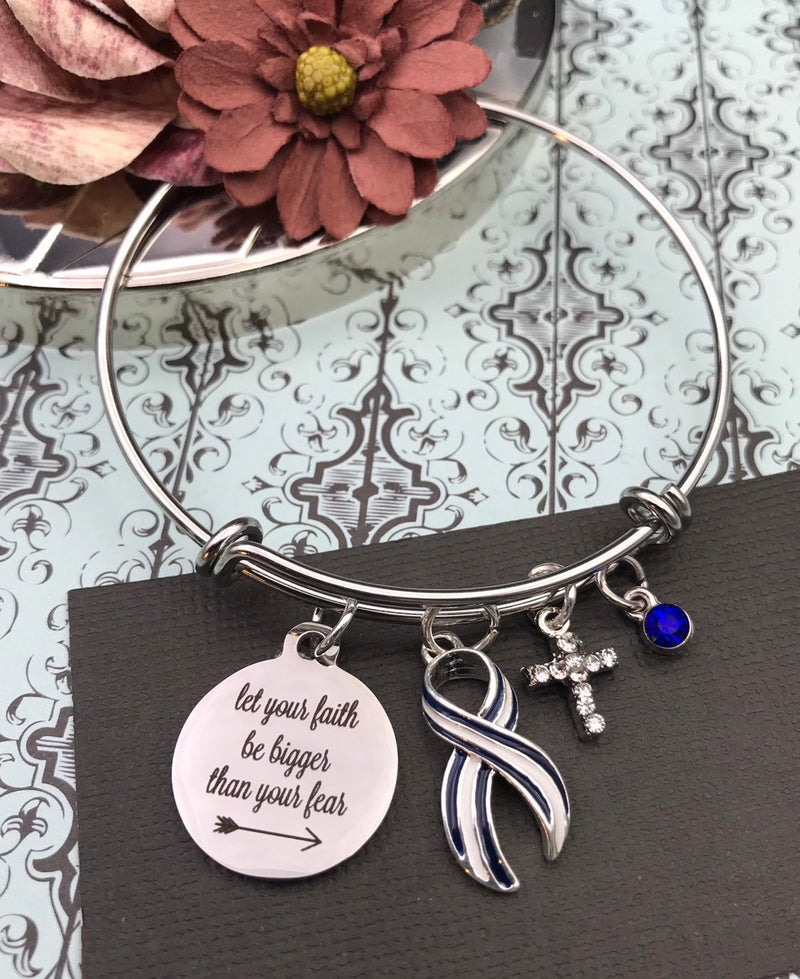 ALS / Blue & White Striped Ribbon Bracelet - Let Your Faith Be Bigger Than Your Fear - Rock Your Cause Jewelry