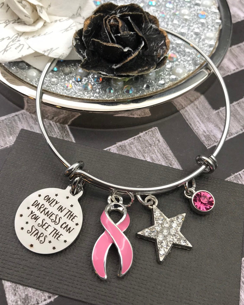 Pink Ribbon Charm Bracelet - Only in Darkness Can You See Stars - Rock Your Cause Jewelry