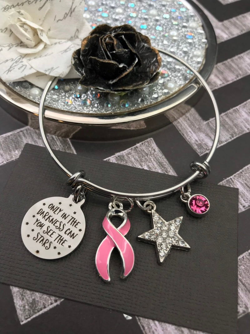 Pink Ribbon Charm Bracelet - Only in Darkness Can You See Stars - Rock Your Cause Jewelry