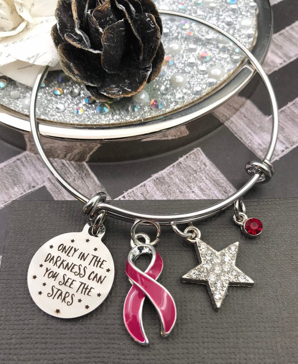 Burgundy Ribbon Bracelet - Only in Darkness Can You See Stars - Rock Your Cause Jewelry