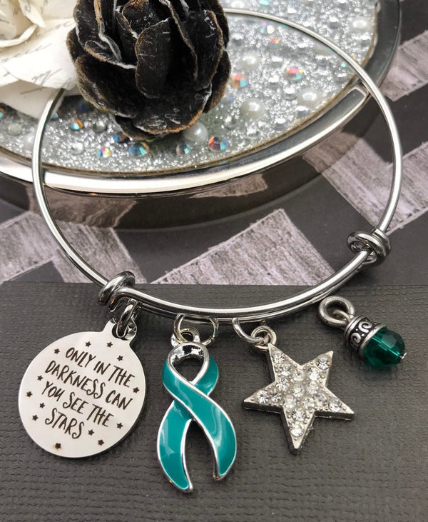 Teal Ribbon Charm Bracelet - Only In Darkness Can You See Stars - Rock Your Cause Jewelry