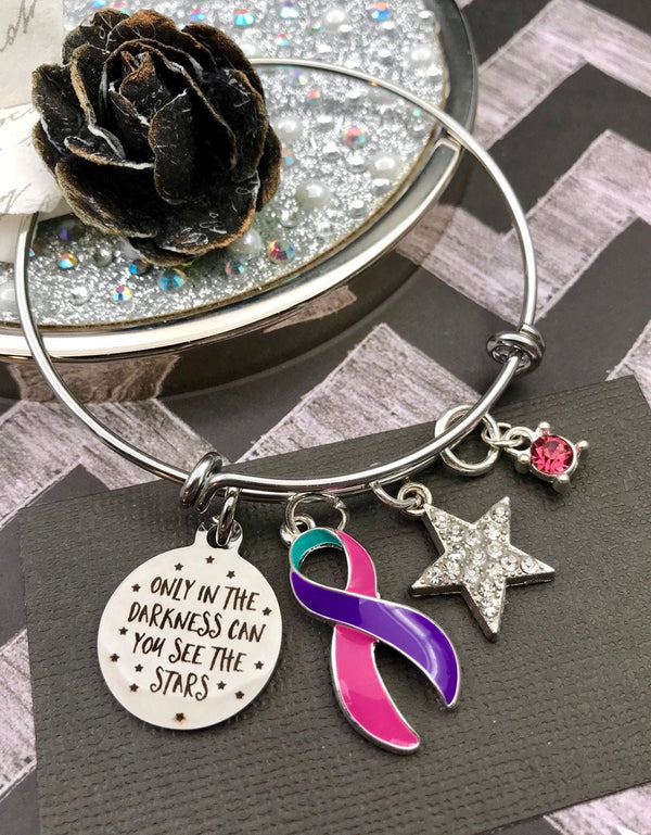 Pink Purple Teal (Thyroid Cancer) Ribbon Bracelet - Only in Darkness Can You See The Stars - Rock Your Cause Jewelry