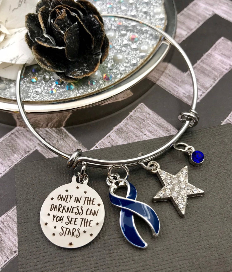 Dark Navy Blue Ribbon Charm Bracelet - Only in Darkness Can We See The Stars - Rock Your Cause Jewelry