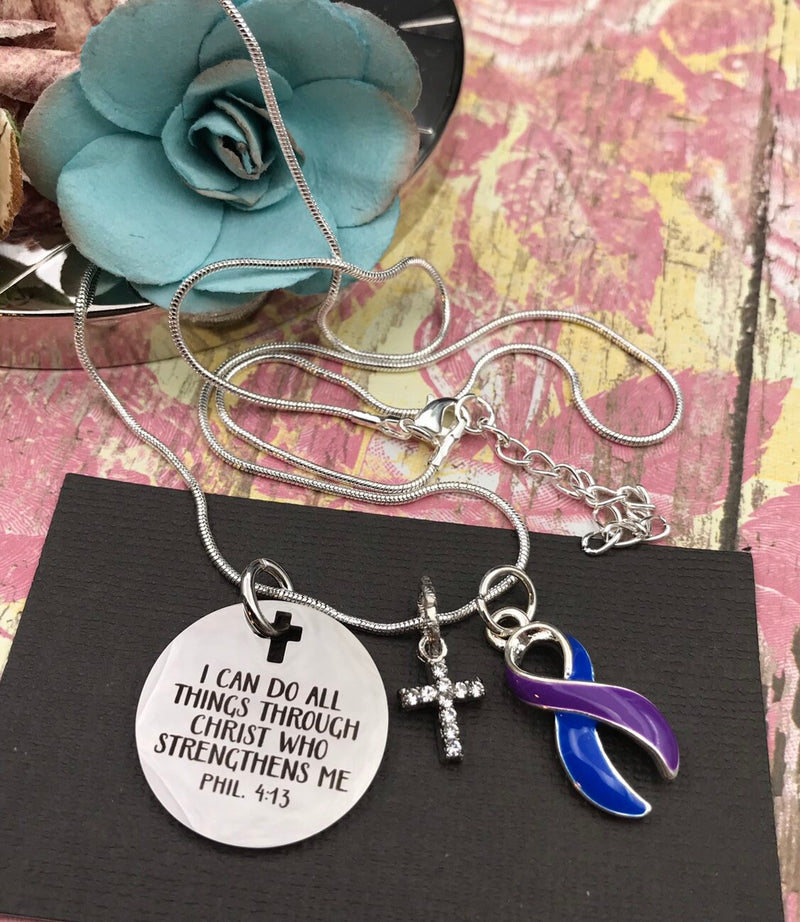 Blue & Purple Ribbon - I Can Do All Things Through Christ Necklace - Rock Your Cause Jewelry