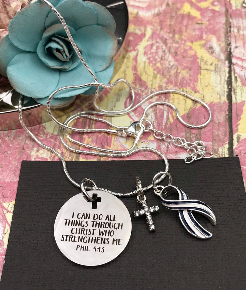 ALS / Blue & White Striped Ribbon Necklace - I Can Do All Things Through Christ Who Strengthens Me - Phil 4:13 - Rock Your Cause Jewelry
