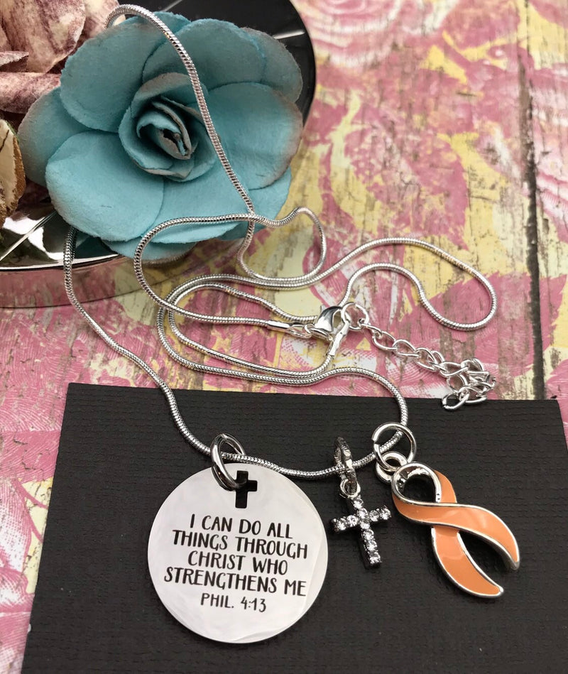 Peach Ribbon Necklace - Endometrial Cancer Awareness Gift - I Can Do All Things Through Christ - Rock Your Cause Jewelry