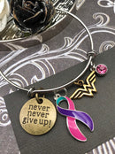 Pink Purple Teal (Thyroid Cancer) Ribbon - Never Never Give Up / Hero Charm Bracelet - Rock Your Cause Jewelry