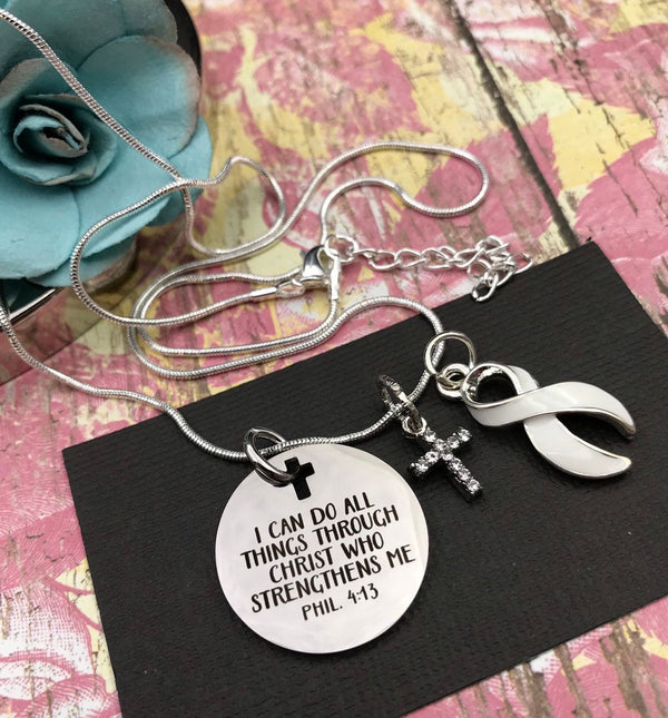 White Ribbon Charm Necklace - I Can Do All Things Through Christ - Rock Your Cause Jewelry