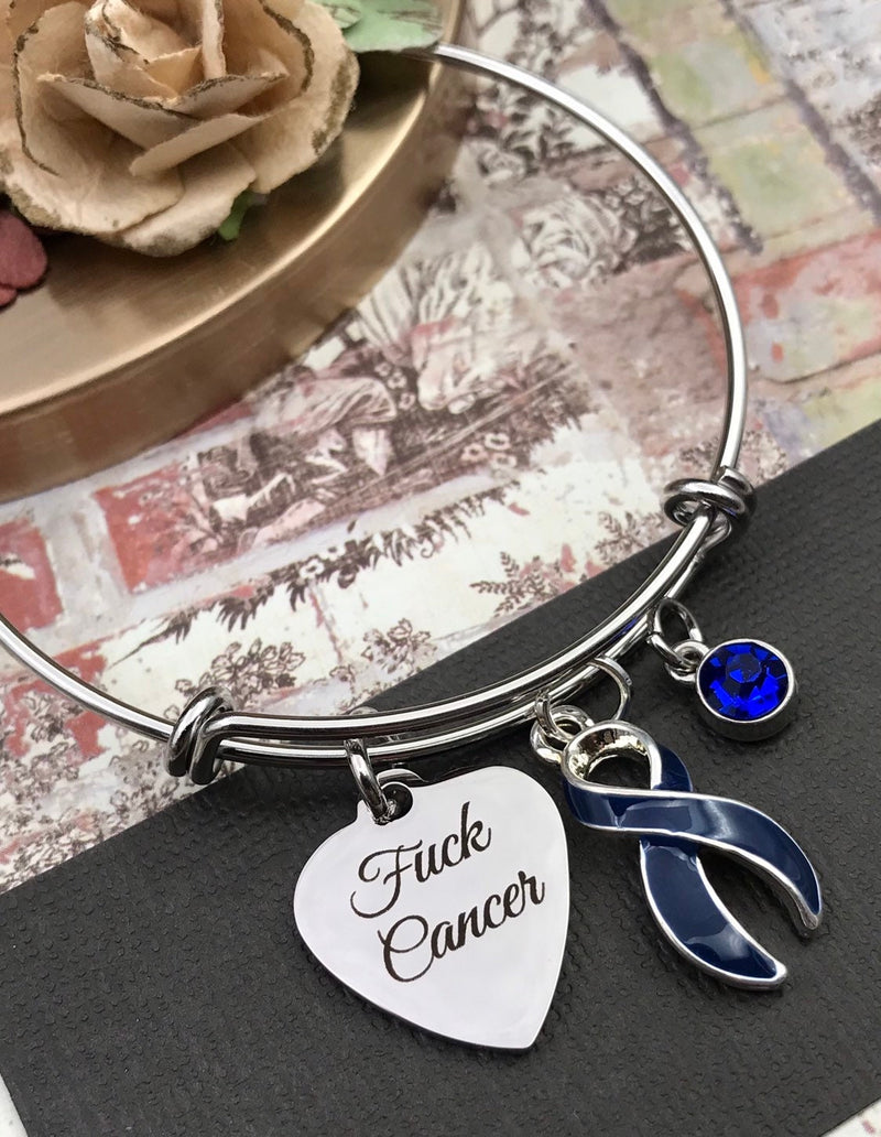 Dark Navy Blue Ribbon - Fu** Cancer Charm Bracelet - Rock Your Cause Jewelry