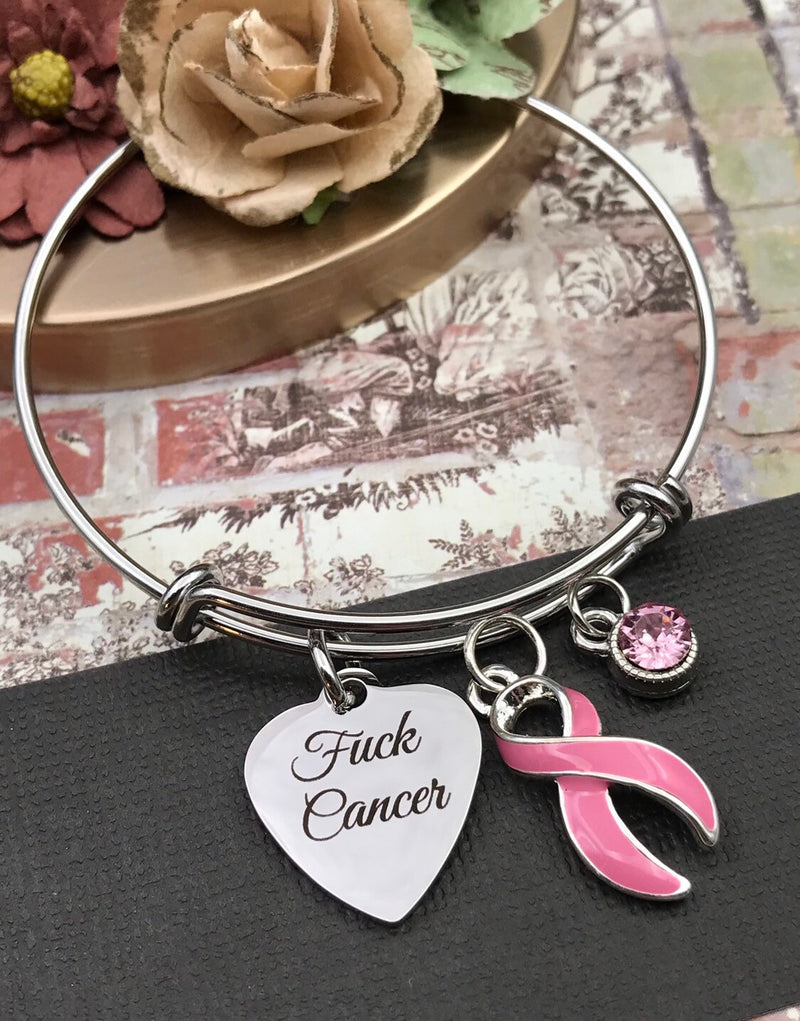 Pink Ribbon F*** Cancer Charm Bracelet - Unedited Breast Cancer Survivor Gift - Rock Your Cause Jewelry
