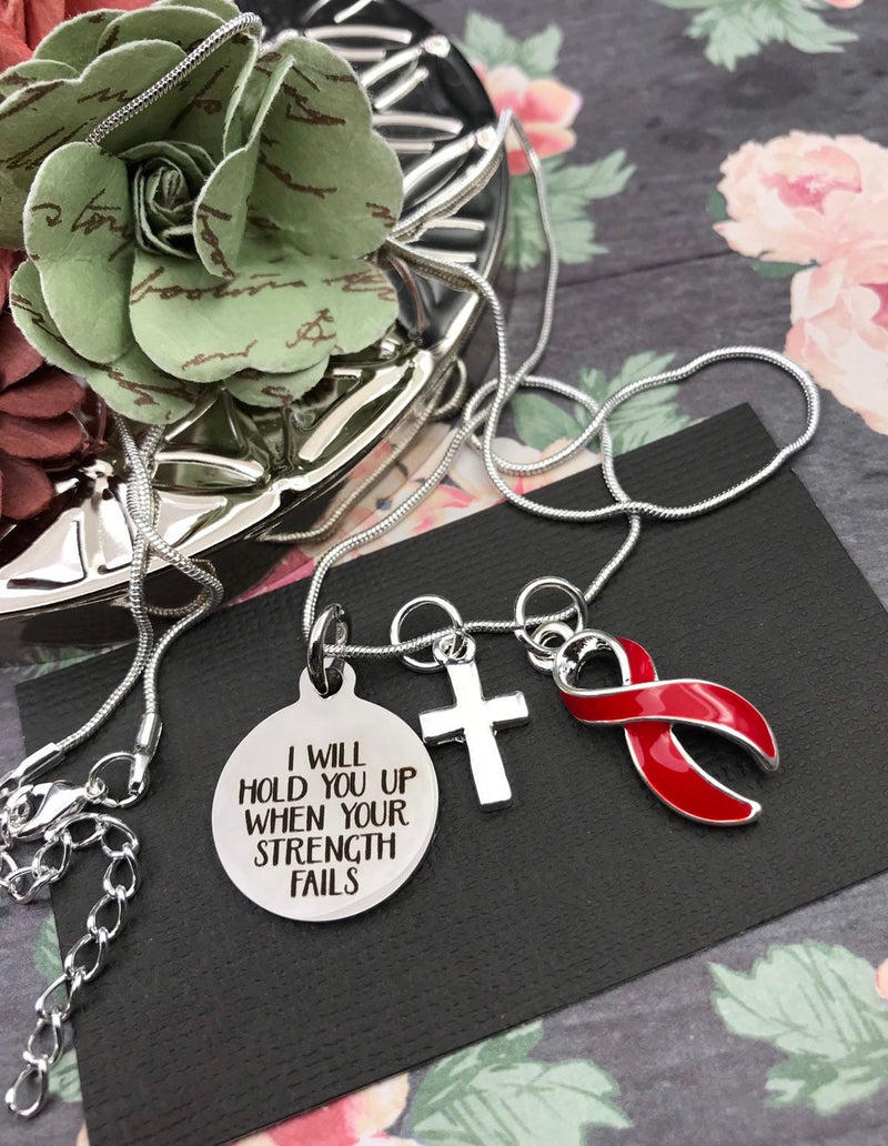Red Ribbon Necklace - I Will Hold You Up When Your Strength Fails - Rock Your Cause Jewelry
