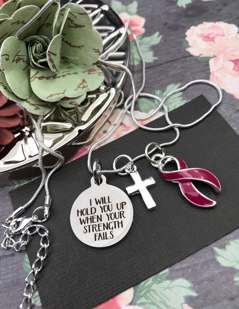 Burgundy Ribbon Necklace - I Will Hold You Up When Your Strength Fails - Rock Your Cause Jewelry