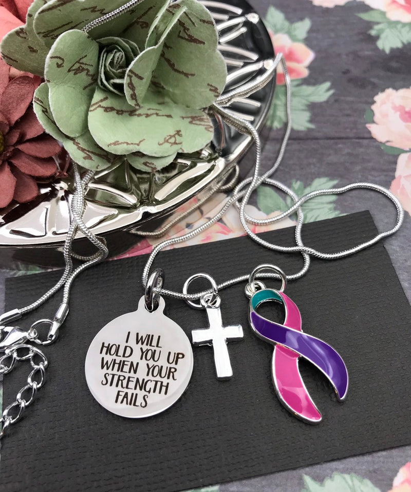 Pink Purple Teal (Thyroid Cancer) Ribbon - I Will Hold You Up When Your Strength Fails Necklace - Rock Your Cause Jewelry
