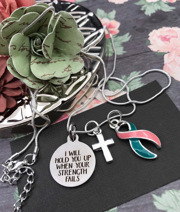 Pink & Teal (Previvor) Ribbon - I Will Hold You Up When Your Strength Fails Necklace - Rock Your Cause Jewelry