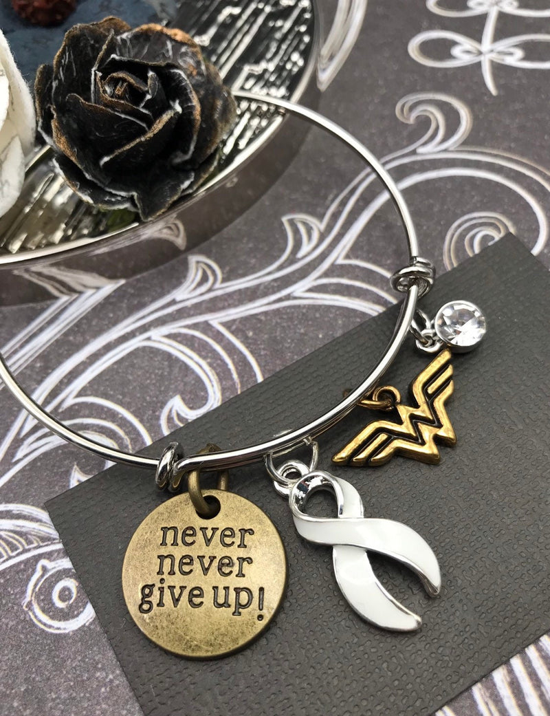 White Ribbon Hero Charm Bracelet - Never Never Give Up - Rock Your Cause Jewelry