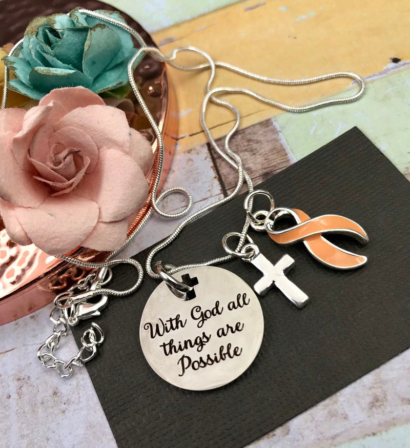 Peach Ribbon Necklace - With God All Things are Possible Necklace - Rock Your Cause Jewelry