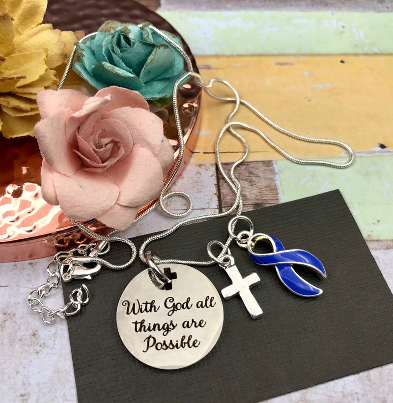 Periwinkle Ribbon Necklace - With God All Things are Possible - Survivor / Awareness Gift - Rock Your Cause Jewelry